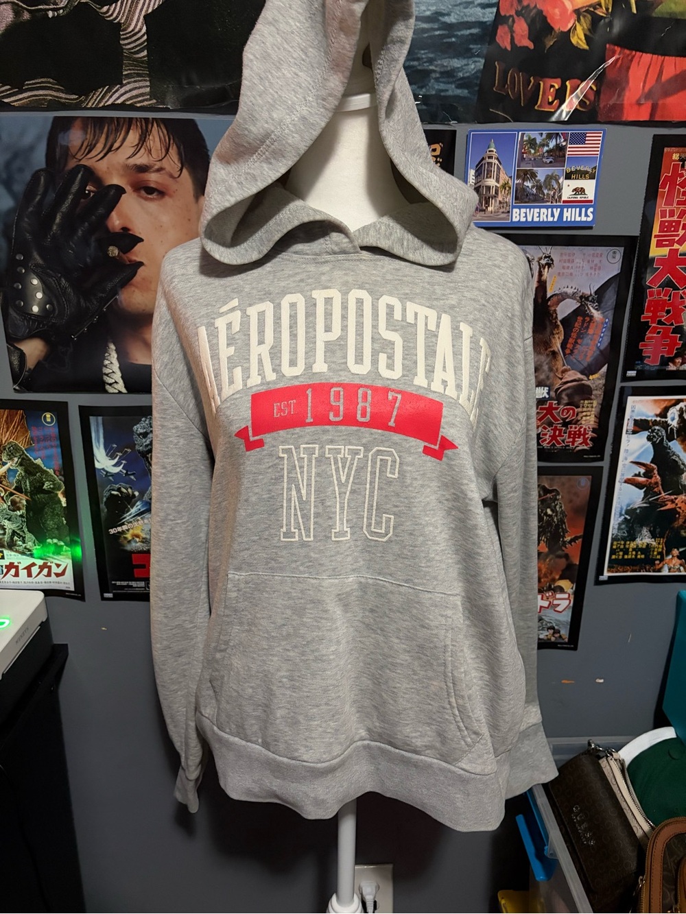 Aeropostale Gray Hooded Sweatshirt with Red 1987 Banner and White NYC Logo